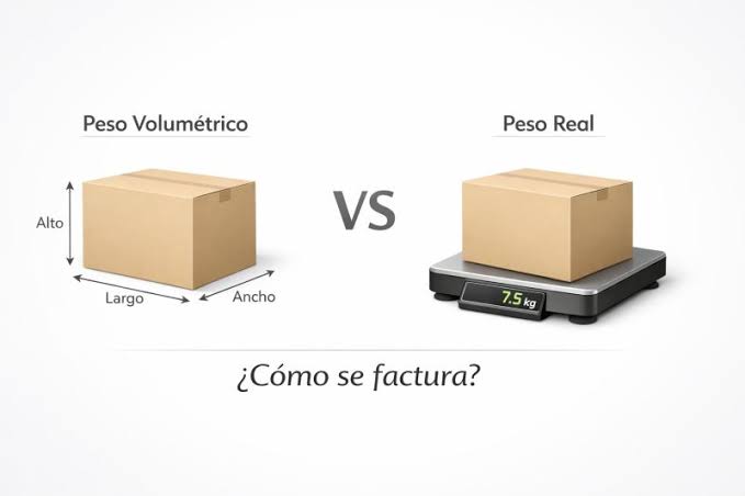 Infografía que compara el peso volumétrico de una caja (con medidas de alto, largo y ancho) frente al peso real de la misma caja sobre una báscula digital que marca 7.5 kg.